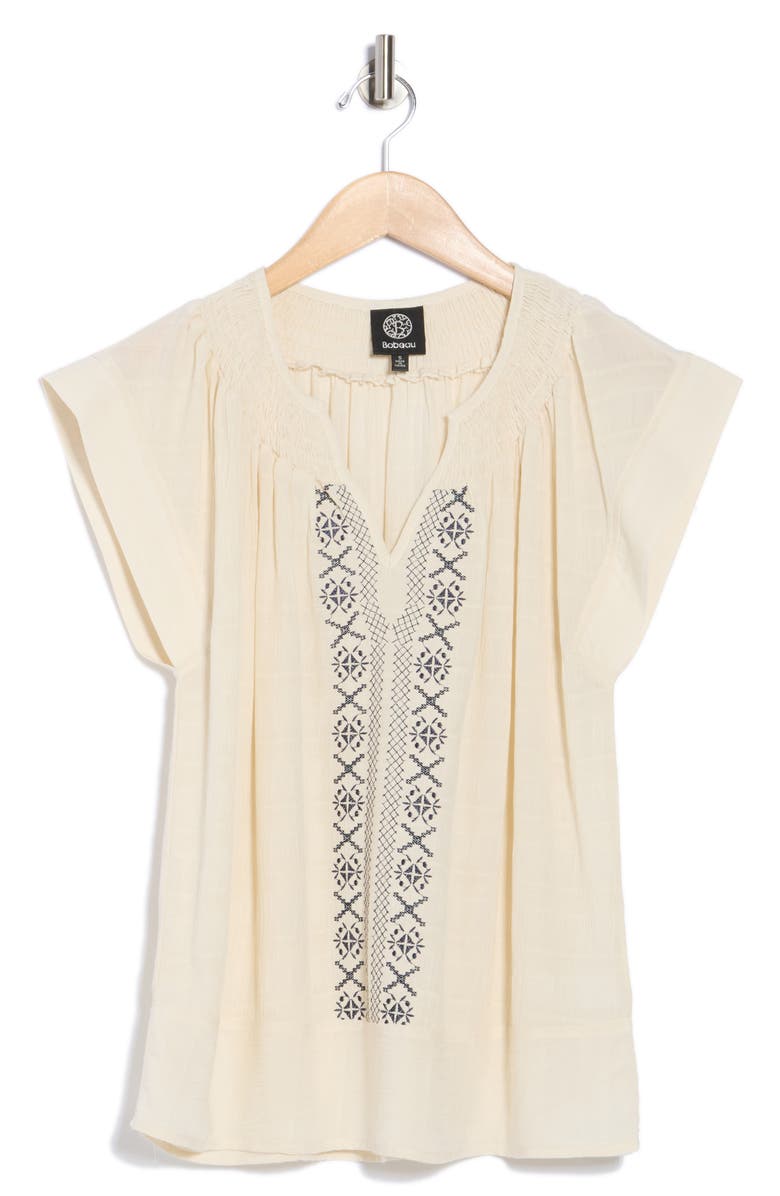 Bobeau Embroidered Flutter Sleeve Top, Alternate, color, Sand/ Navy