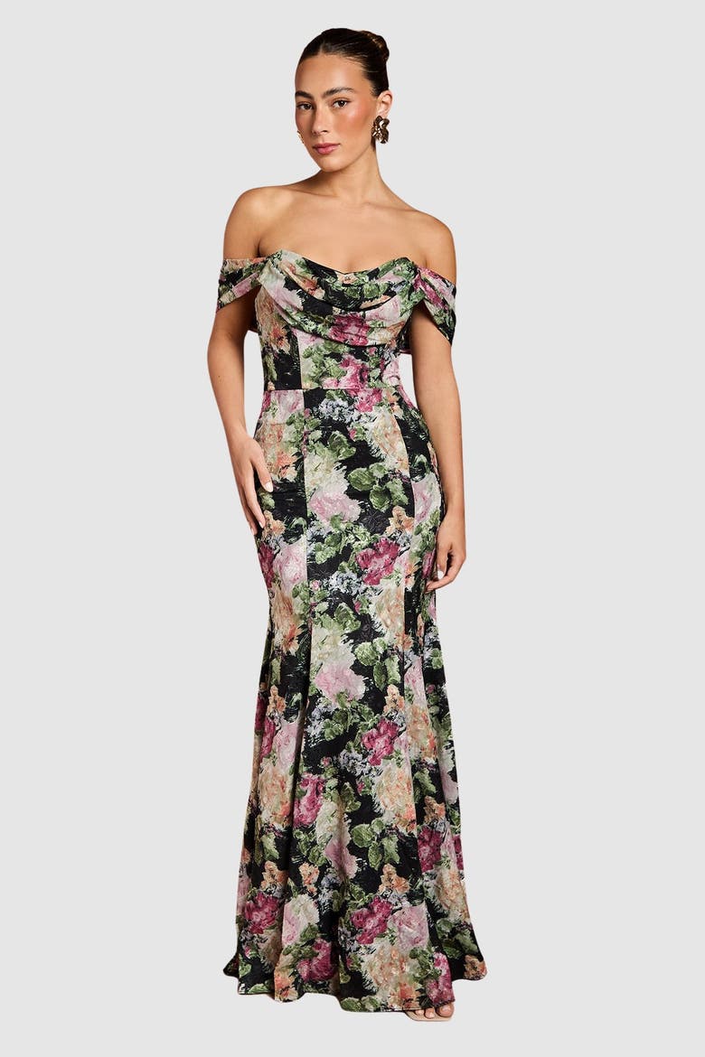 Floral Bardot Maxi Dress, Main, color, Black