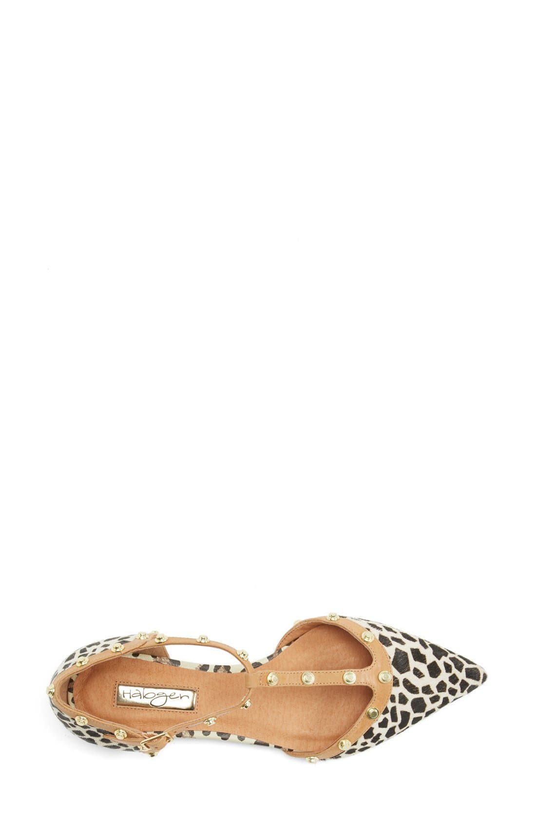 'Olson' Pointy Toe Studded T-Strap Flat, Alternate, color, BEIGE/ BLACK DOT HAIRCALF