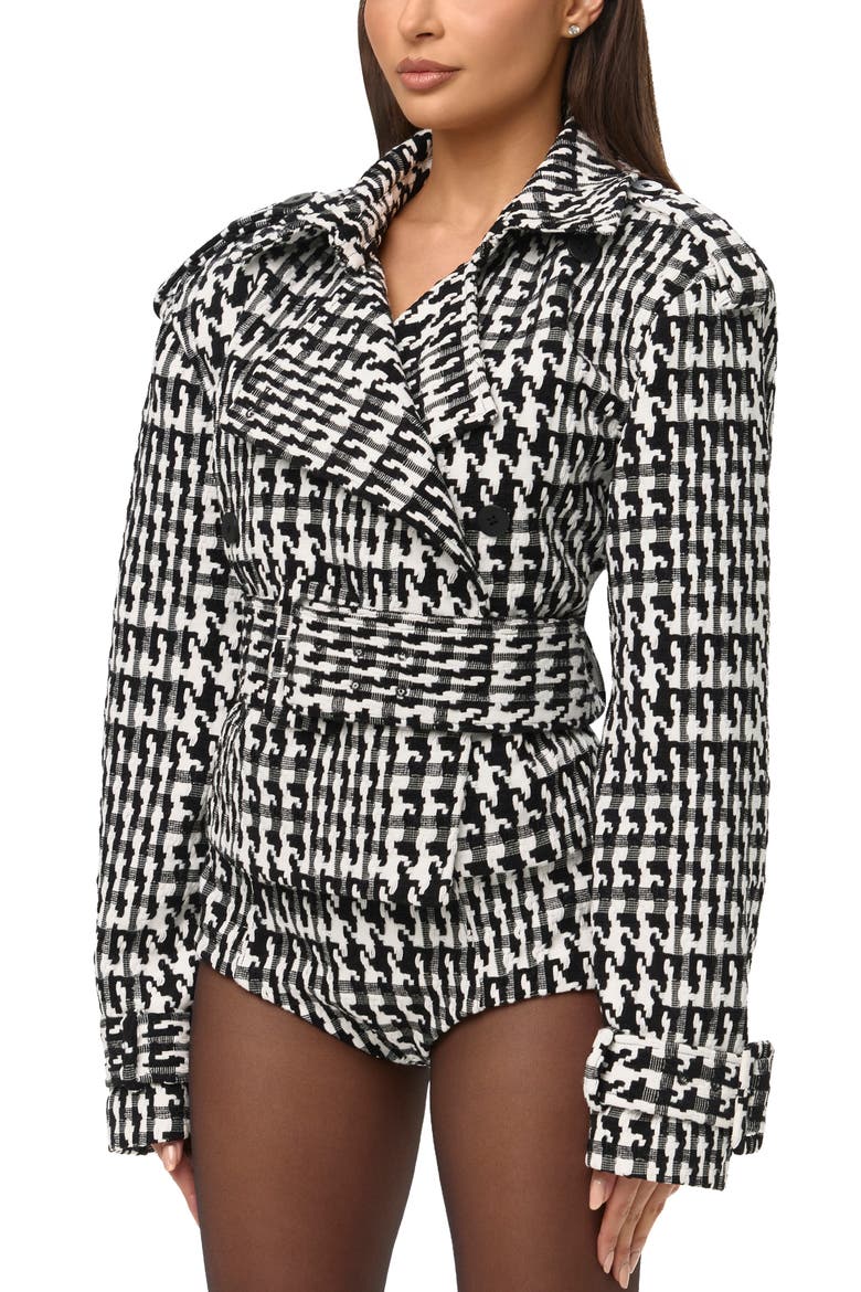 Houndstooth Short Trench Coat, Alternate, color, BLACK/ WHITE