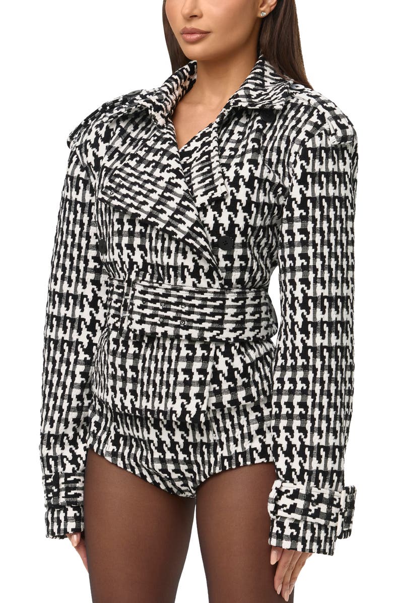 Naked Wardrobe Houndstooth Short Trench Coat, Alternate, color, Black/ White