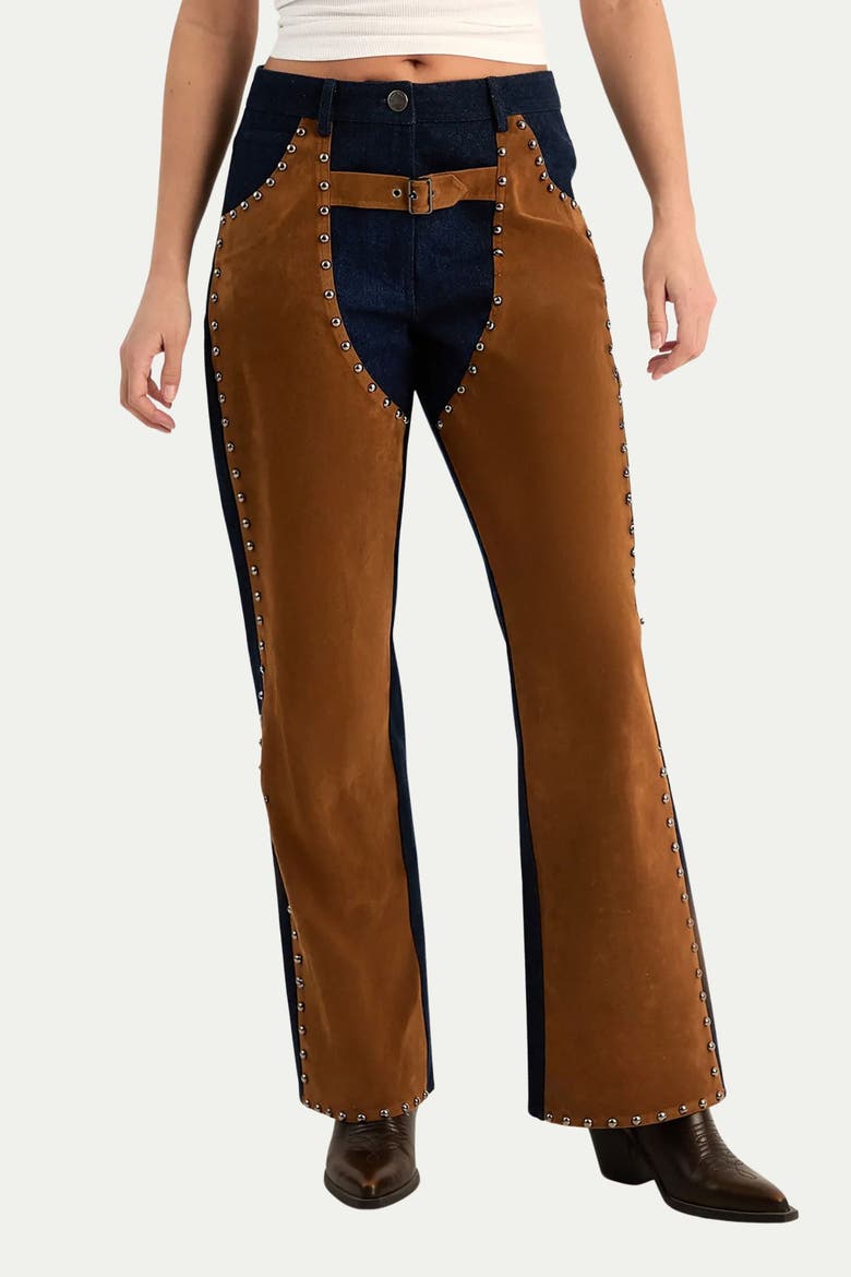 Denim Studded Suedette Mix Chap Jean, Main, color, Indigo