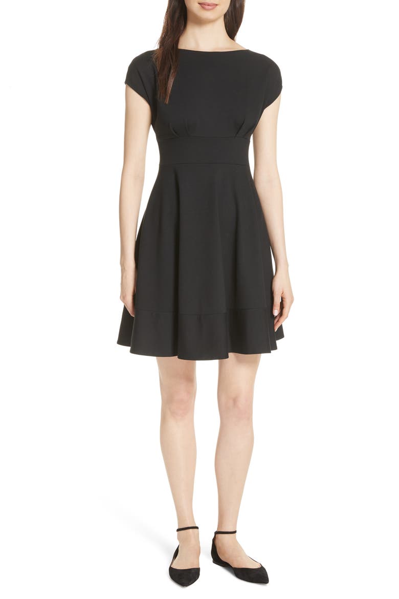 ponte fiorella fit & flare dress, Main, color, BLACK