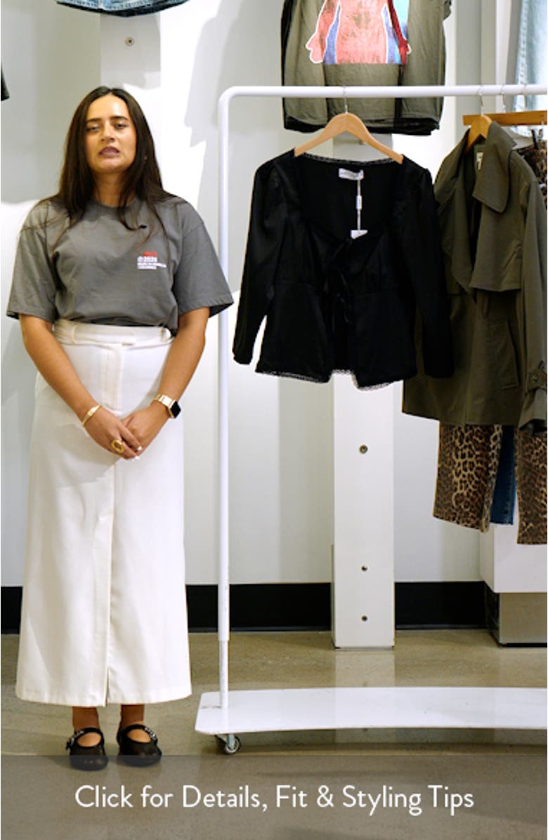 Cadey Split Front Lace Trim Satin Top, sales video thumbnail