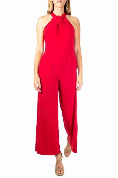 Nina Leonard Twist Halter Knit Jumpsuit