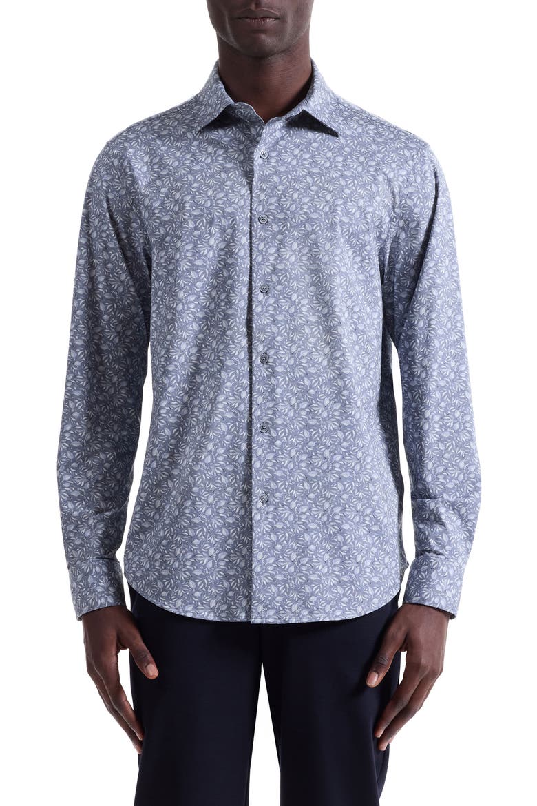 Jimmy OoohCotton® Leaf Print Button-Up Shirt, Main, color, STEEL
