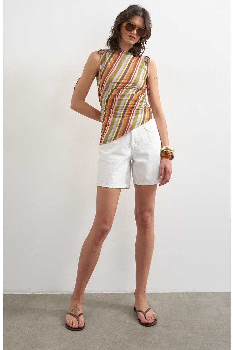 Stripe Ruched Tie Shoulder Asymmetric Hem Top, Alternate, color, ORANGE