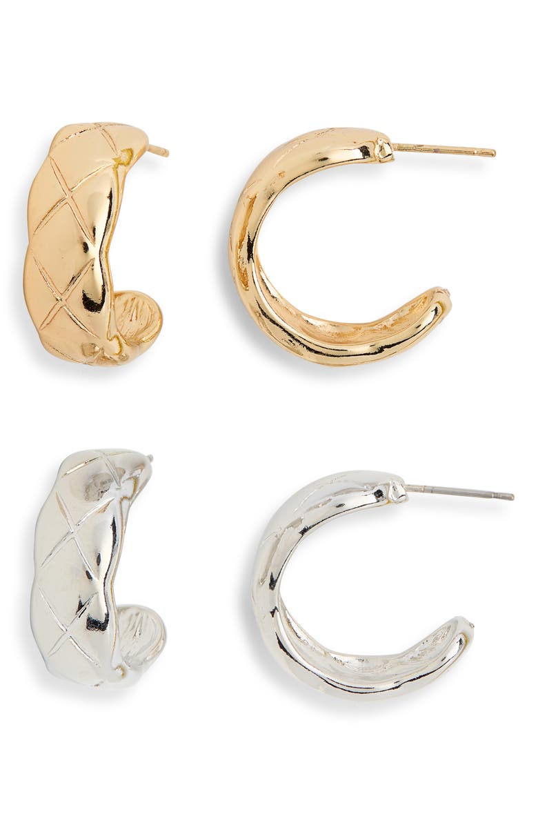 Tasha 2-Pack Textured 'C' Hoop Earrings, Main, color, Gold/ Silver