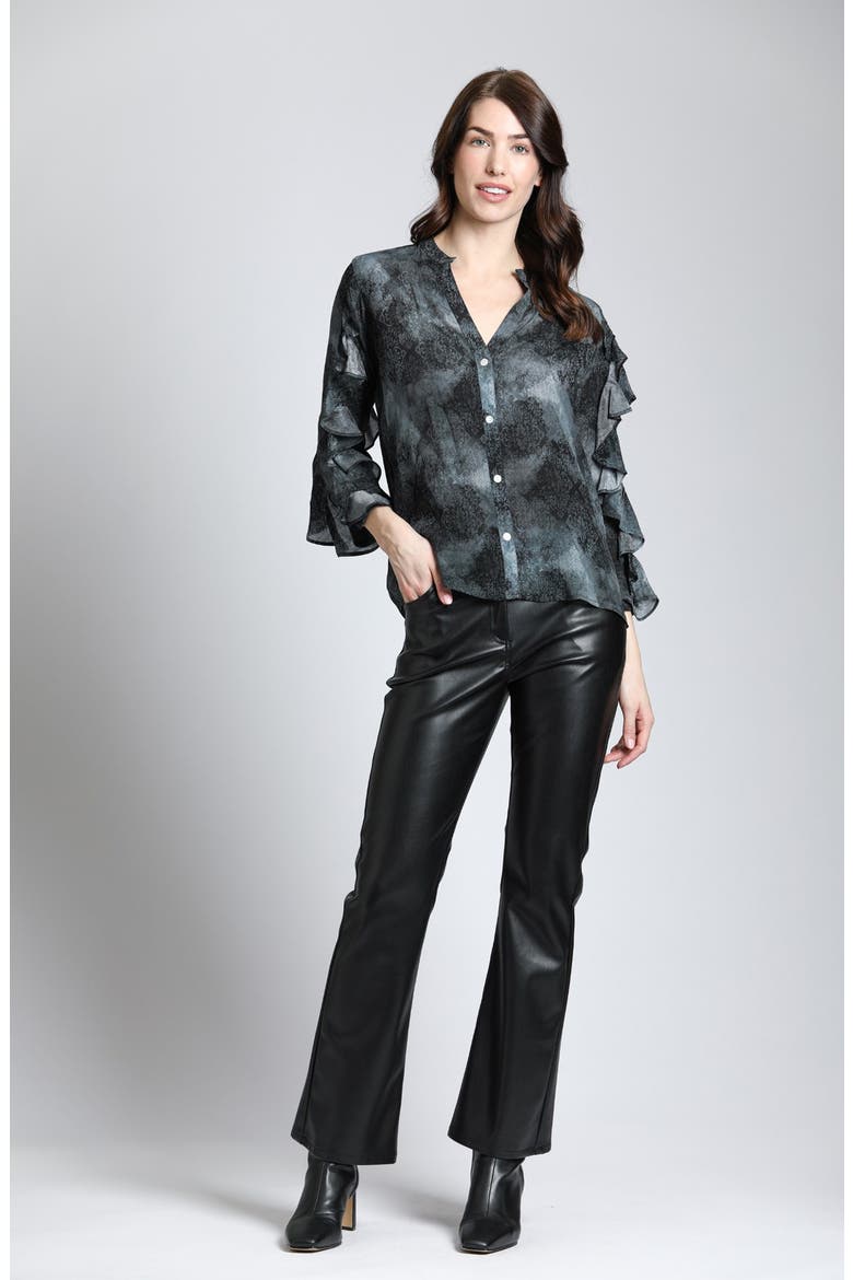 Mixed Print Ruffle Sleeve Button-Up Shirt, Alternate, color, BLACK MULTI