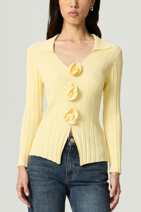 Floral Embellished Ribbed V-Neck Sweater