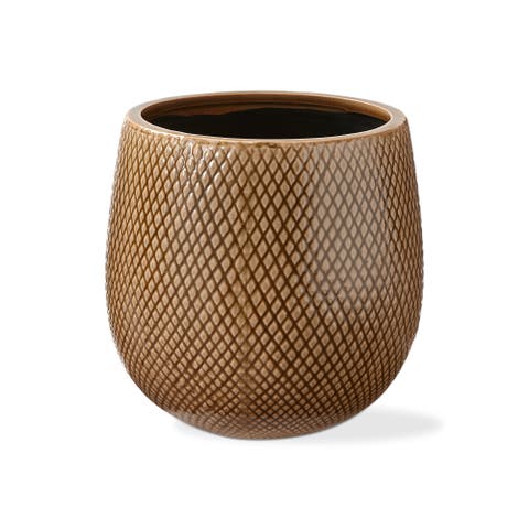 Cross Hatch Medium Planter Taupe Glazed Stoneware