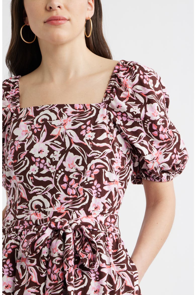 Puff Sleeve Linen Blend Midi Dress, Alternate, color, BROWN CHOCOLATE DAISY GARDEN