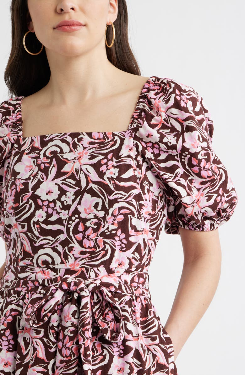 Caslon<sup>®</sup> Puff Sleeve Linen Blend Midi Dress, Alternate, color, Brown Chocolate Daisy Garden