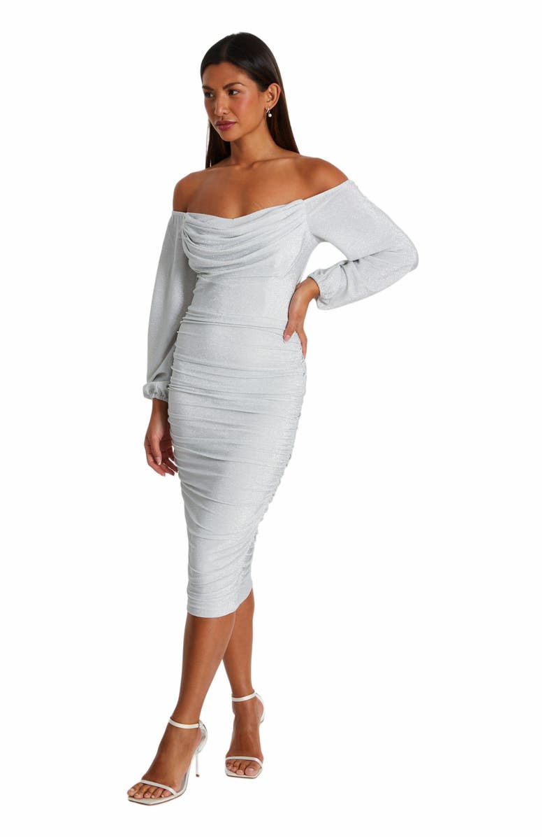 QUIZ Stretch Shimmer Cowl Bardot Midi Dress, Alternate, color,