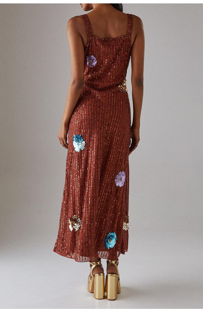 Warehouse Hand Embellished Flower Burst Midi Dress, Alternate, color, Rust