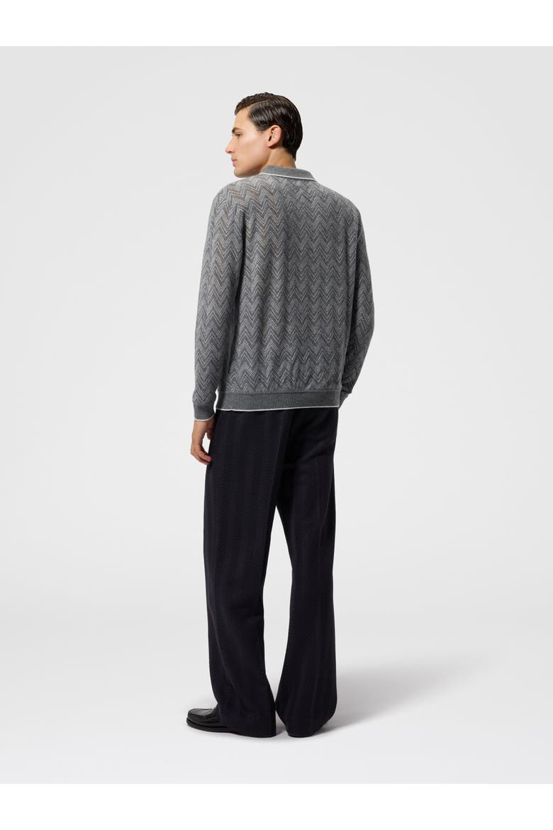 Long-sleeve Cashmere Zig Zag Polo Shirt, Alternate, color, Grey