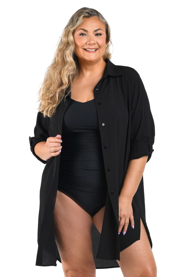Crinkle Crepe Swim Cover-Up Camp Shirt, Alternate, color, BLACK