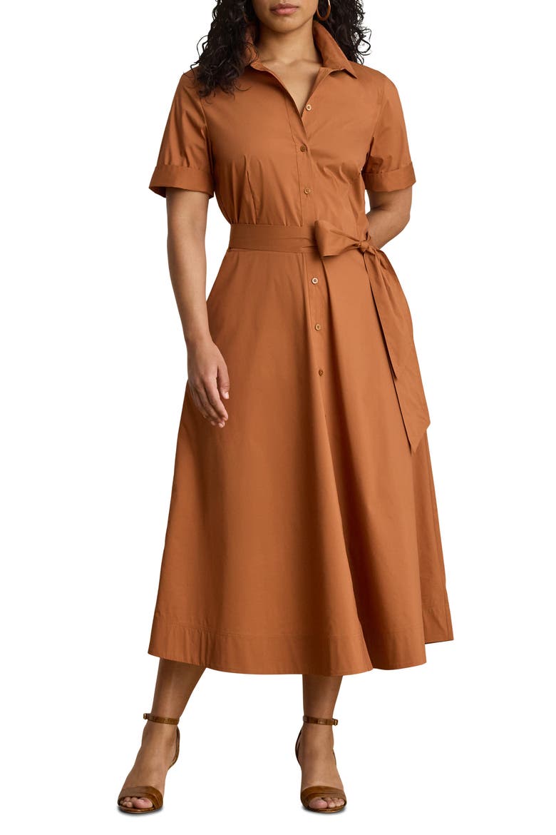 Cotton Blend Midi Shirtdress, Alternate, color, RED TERRACOTTA