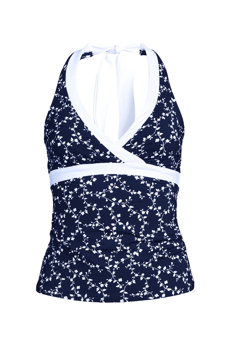 Texture V-neck Halter Tankini Swimsuit Top, Alternate, color, Navy/White Flowering Vine
