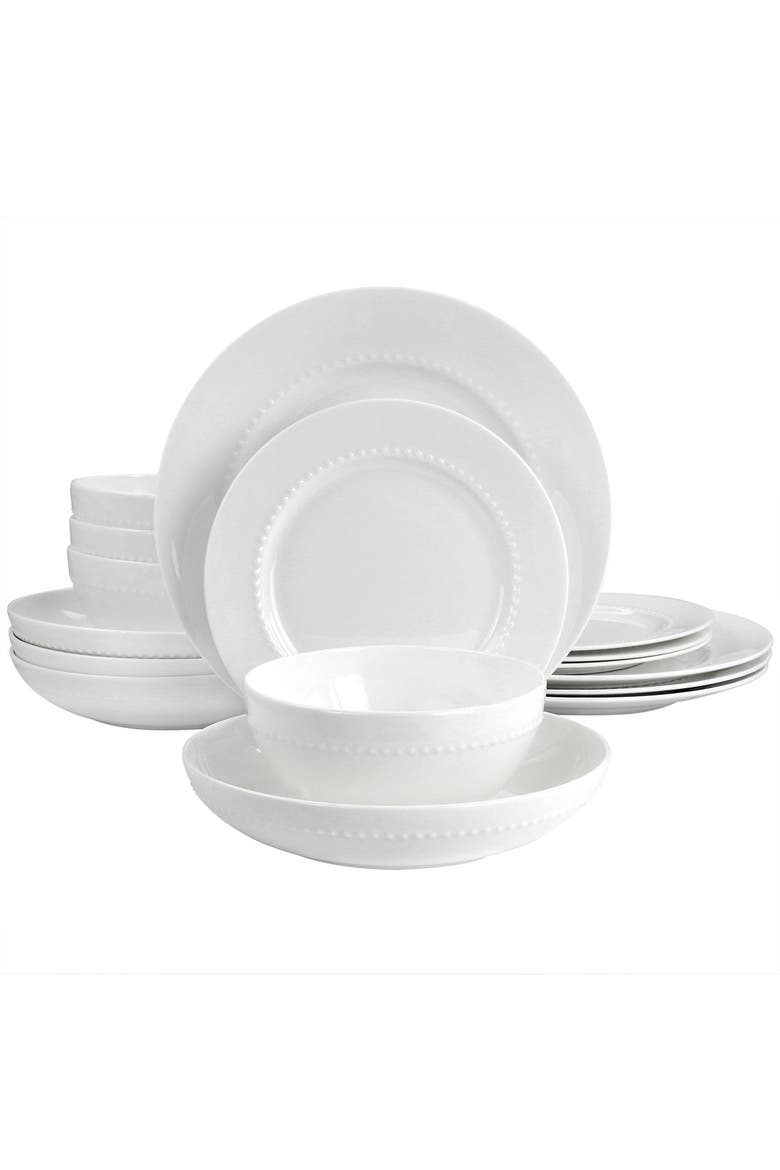 Embossed Bone China 16 Piece Double Bowl Dinnerware Set, Main, color, White