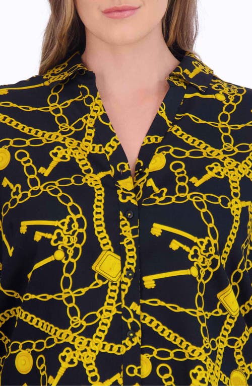 Foxcroft Mary Print Cotton Sateen Button-up Shirt In Black/yellow