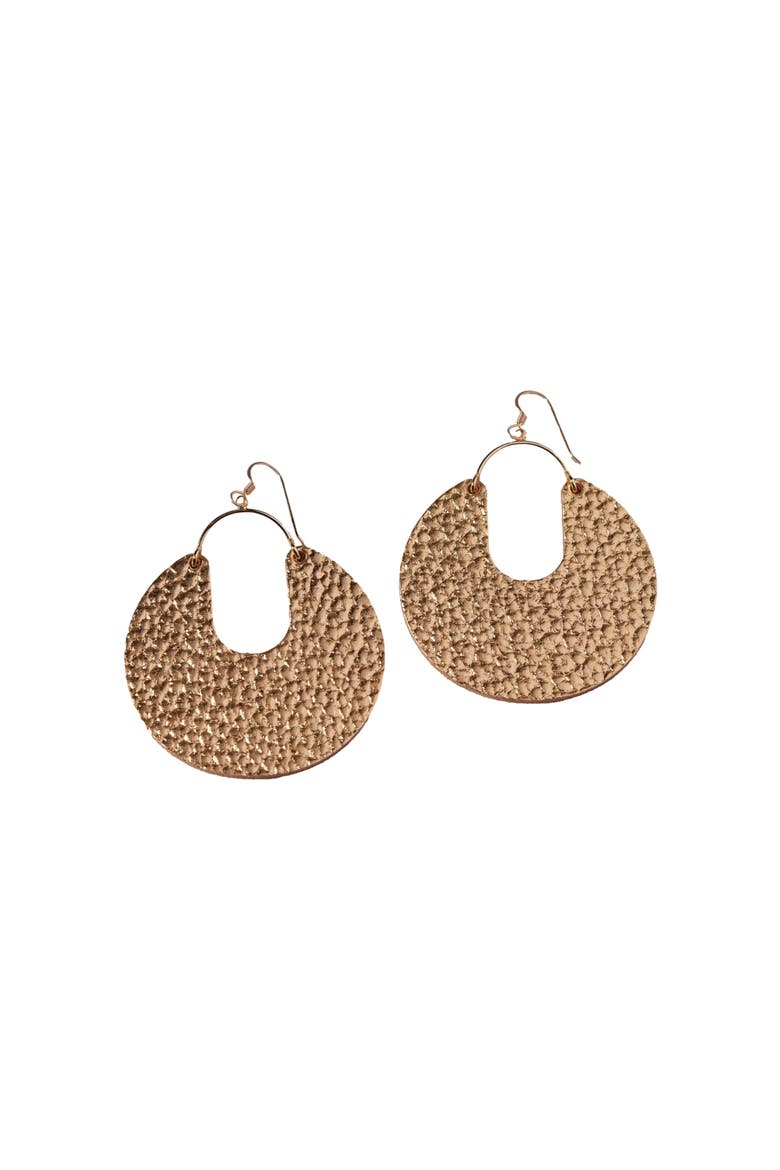 Leo Leather Hoop Earrings, Main, color, Hammered Gold