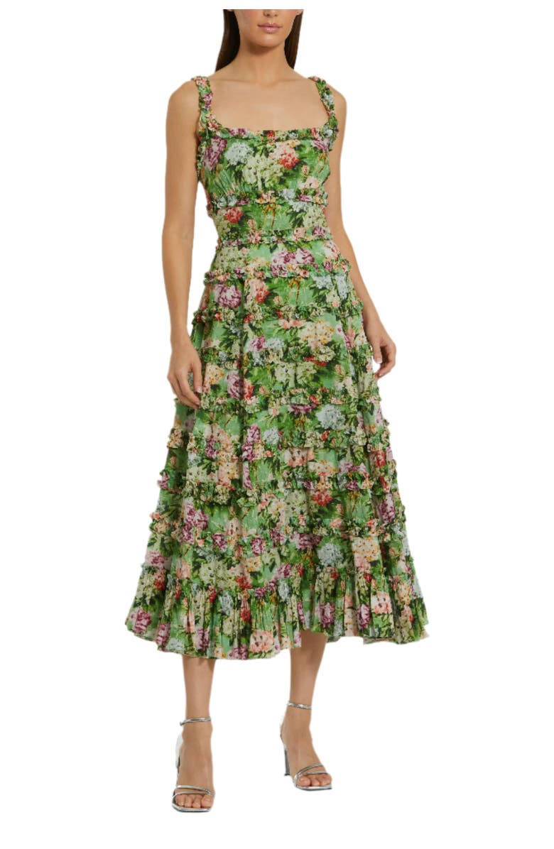 Mac Duggal Ruffle Floral Square Neck Midi Dress, Main, color, Green Multi