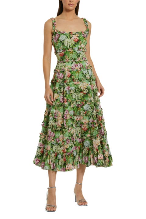 Ruffle Floral Square Neck Midi Dress
