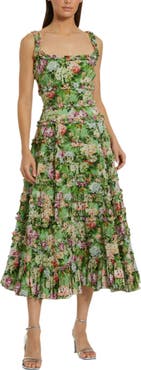 Mac Duggal Ruffle Floral Square Neck Midi Dress