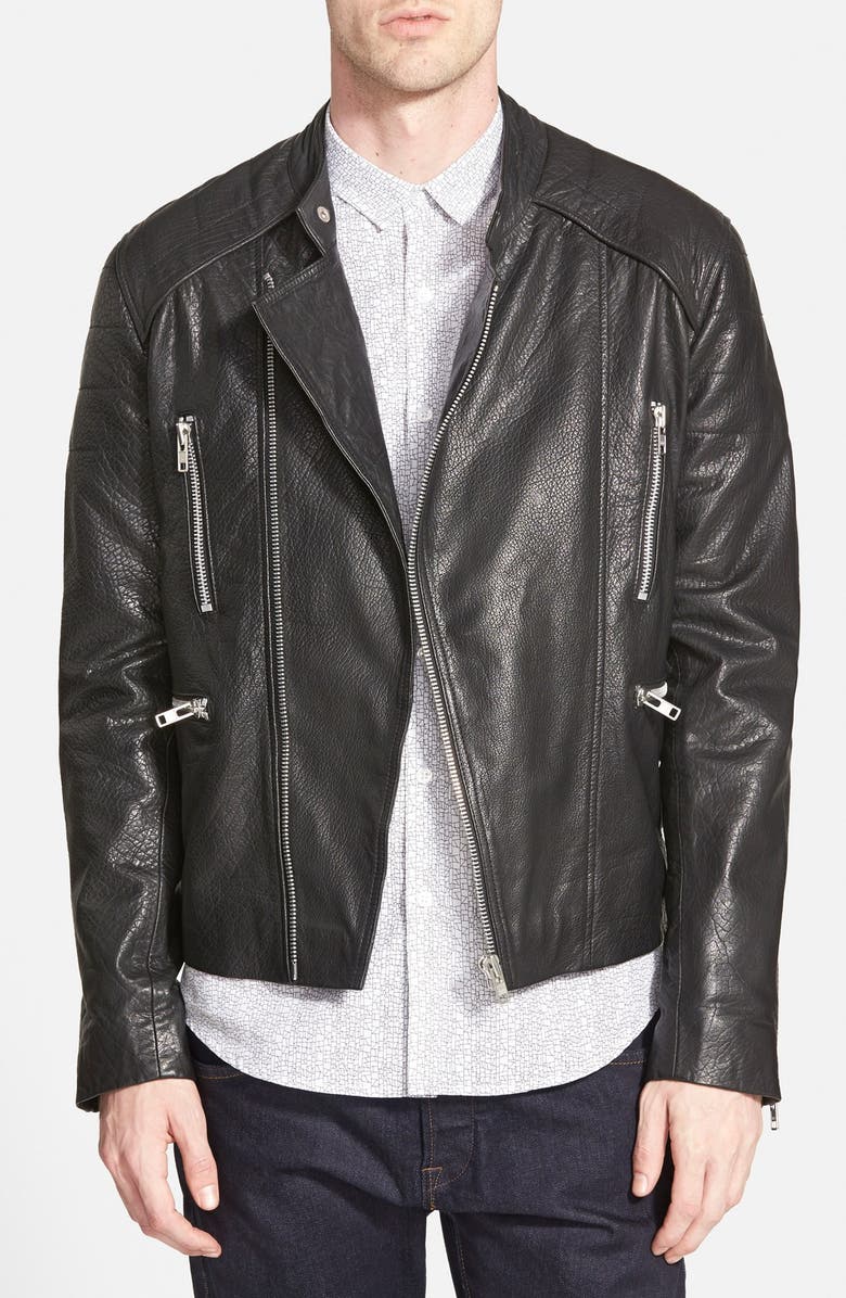 Topman Black Leather Collarless Biker Jacket, Main, color,