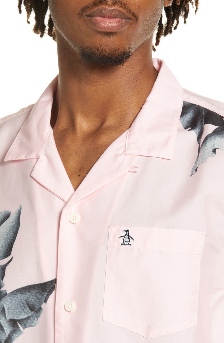 Original Penguin Men's Leaf Print Short Sleeve Lyocell & Cotton Button-Up Camp Shirt, Alternate, color, 