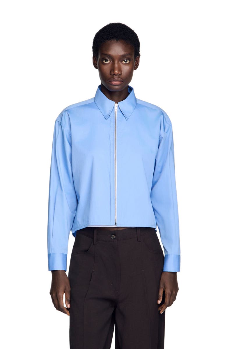 SANDRO Cropped logo zip cotton shirt, Main, color, Blue