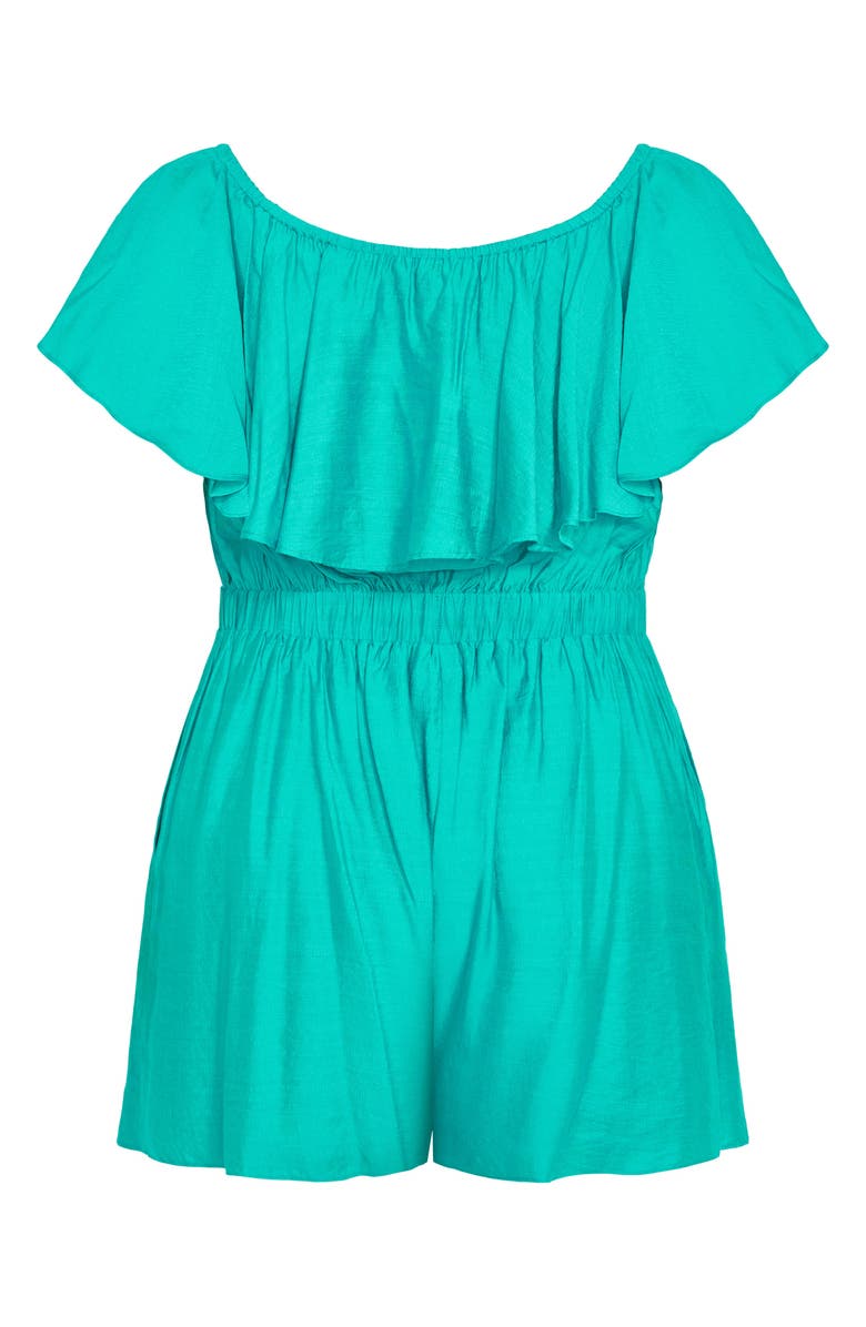 City Chic Serene Ruffl Off-the-Shoulder Romper, Alternate, color, Aqua