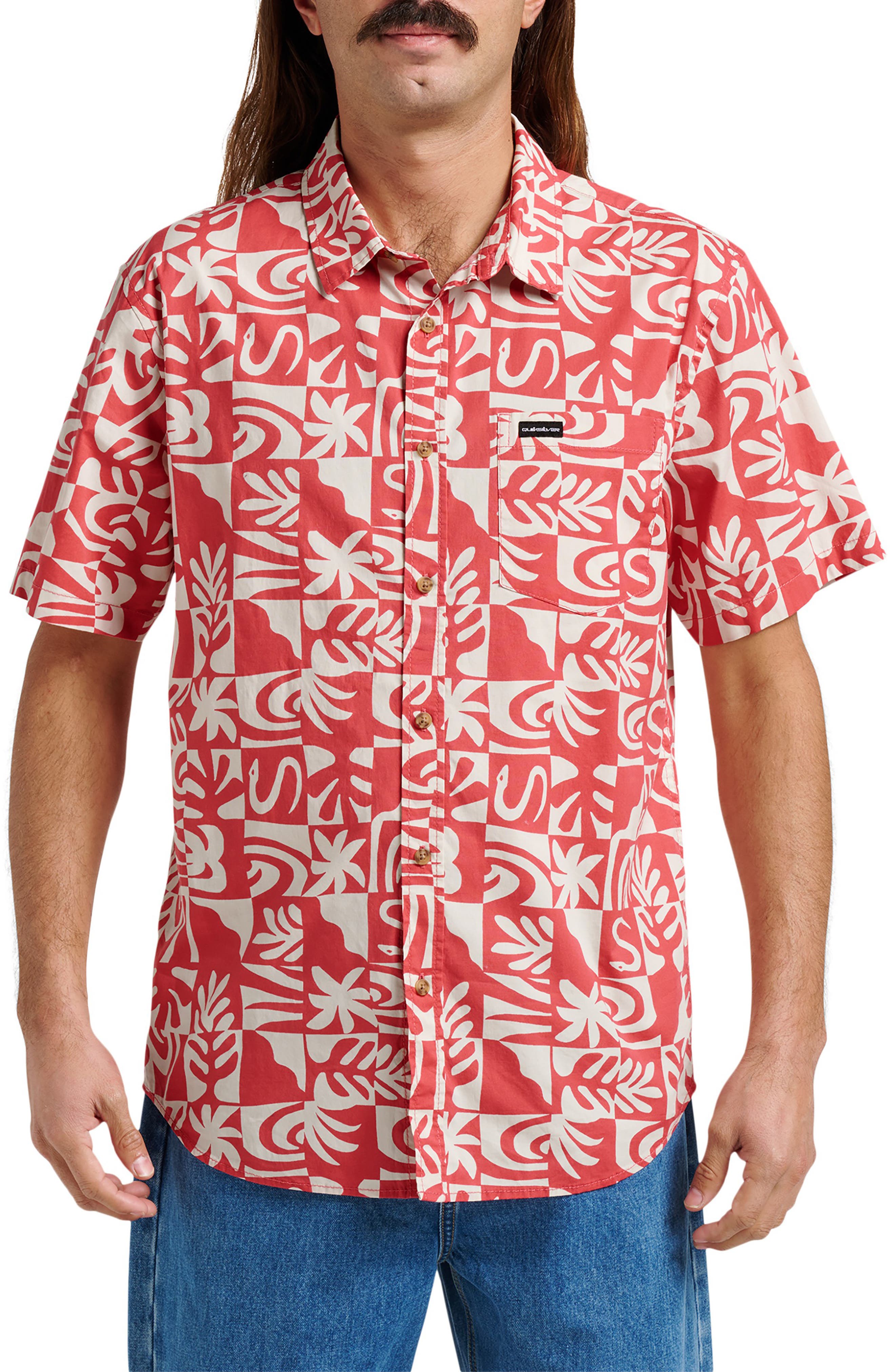 Quiksilver Terra Classic Abstract Print Short Sleeve Stretch Cotton Button-Up Shirt