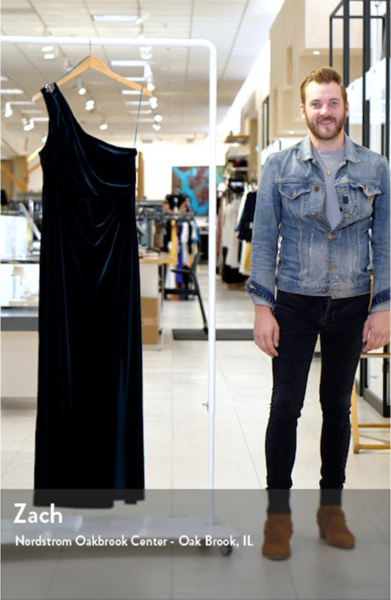 Pleated One-Shoulder Velvet Sheath Gown, sales video thumbnail