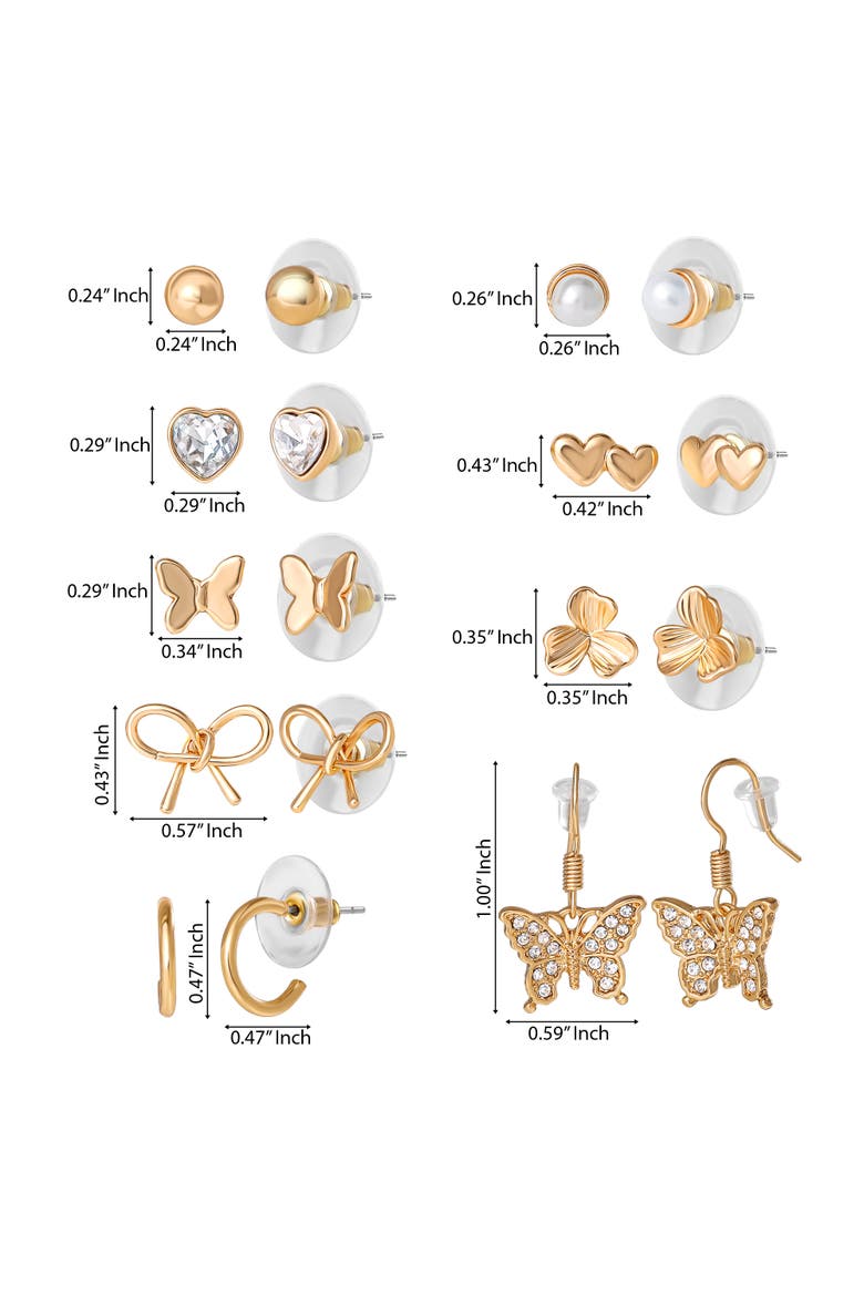 Gold-Tone Bow, Butterfly & Pearl Stud & Hoop Earring Set, 12 Pairs, Alternate, color, Gold