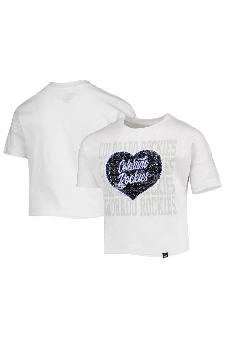 Girls Youth New Era White Colorado Rockies Flip Sequin Heart Crop Top, Main, color, White