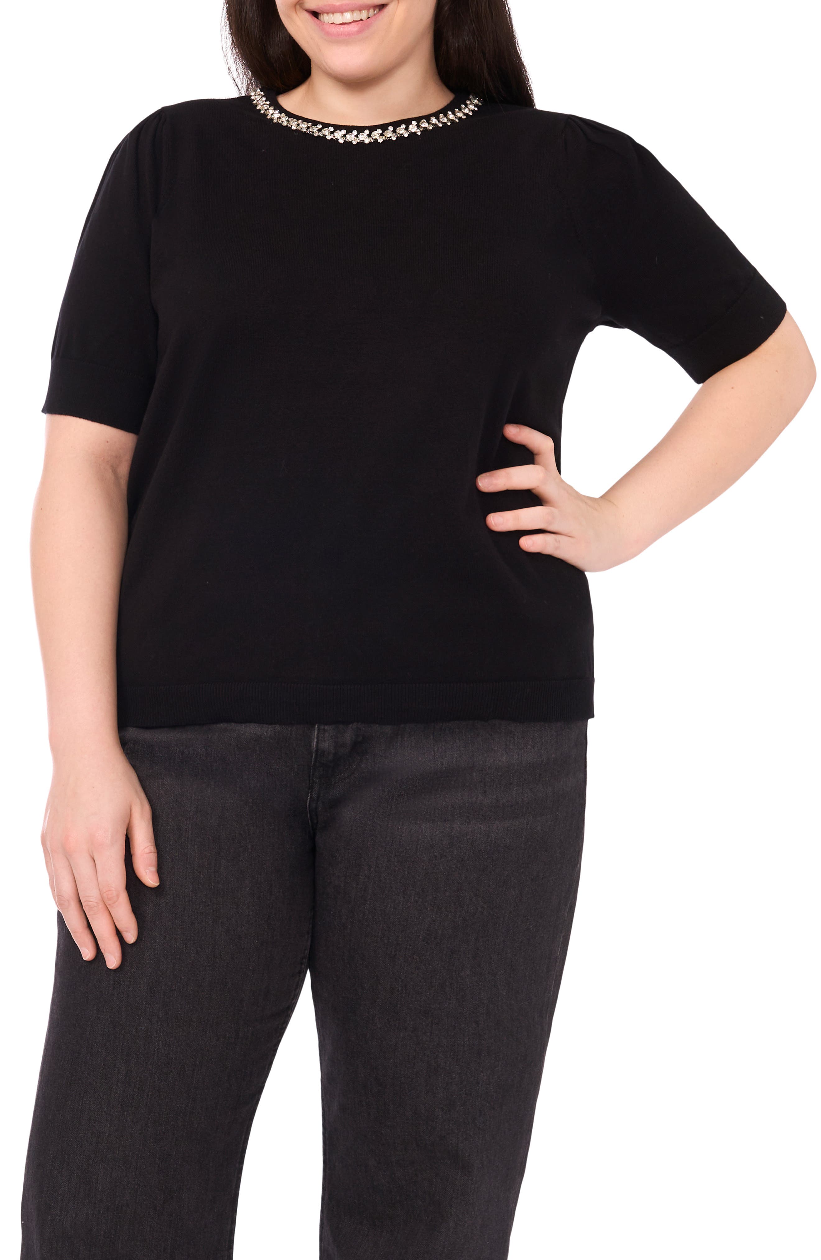 Rhinestone Embellished Short Sleeve Sweater