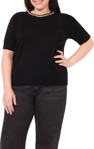 CeCe Rhinestone Embellished Short Sleeve Sweater