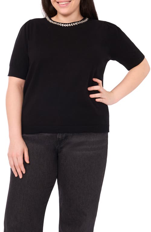 Cece Rhinestone Embellished Short Sleeve Cotton Sweater In Black