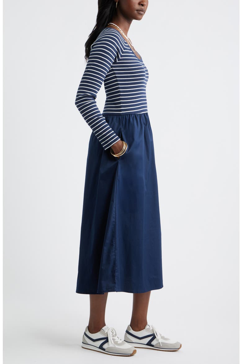 Mixed Media Midi Dress, Alternate, color, NAVY- IVORY ASHLEY STRIPE