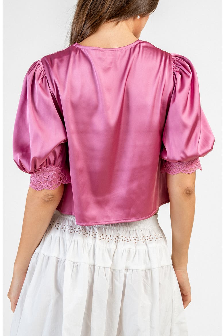 Lace Trim Satin Tie Front Top, Alternate, color, MAUVE