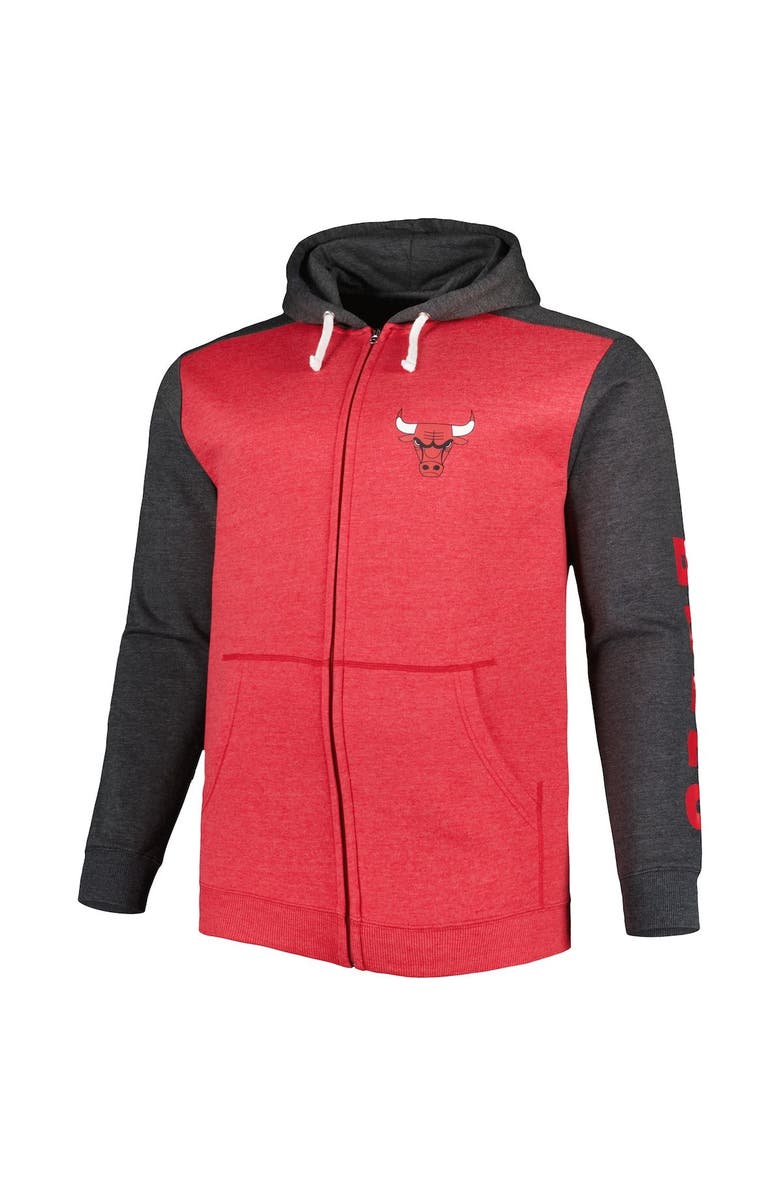 FANATICS Men's Fanatics Branded Heathered Red/Heathered Black Chicago Bulls Big & Tall Down and Distance Full-Zip Hoodie, Alternate, color, Heather Red