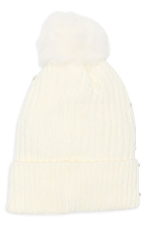 Nanette Lepore Rhinestone Beanie With Faux Fur Pompom In Neutral