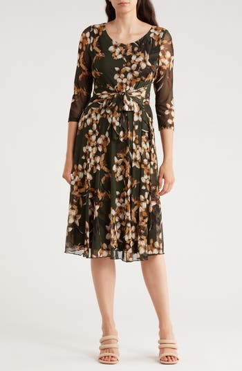 Connected Apparel Long Sleeve Mesh A-line Dress In Brown