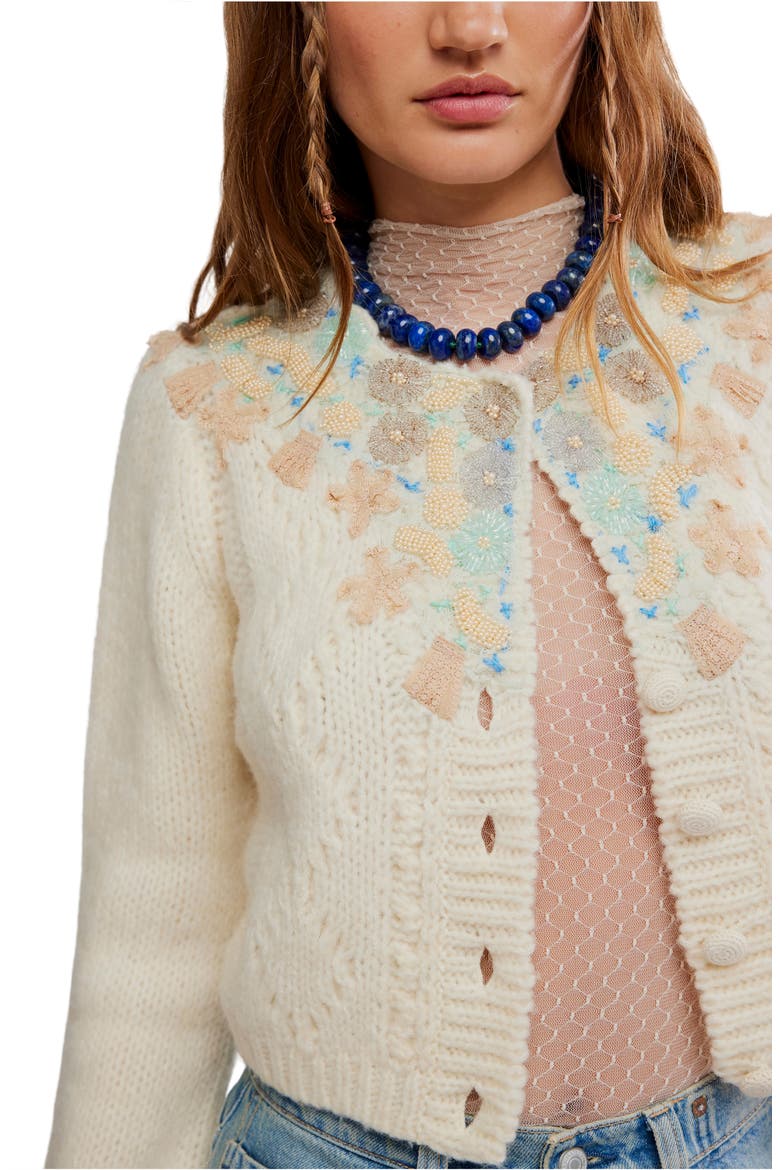 Pixie Beaded Floral Cardigan, Alternate, color, IVORY