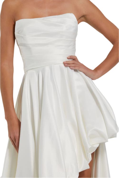 Mac Duggal Strapless Ruched High Low Gown In White