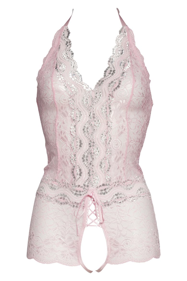 Open Gusset Lace Teddy, Main, color, PINK