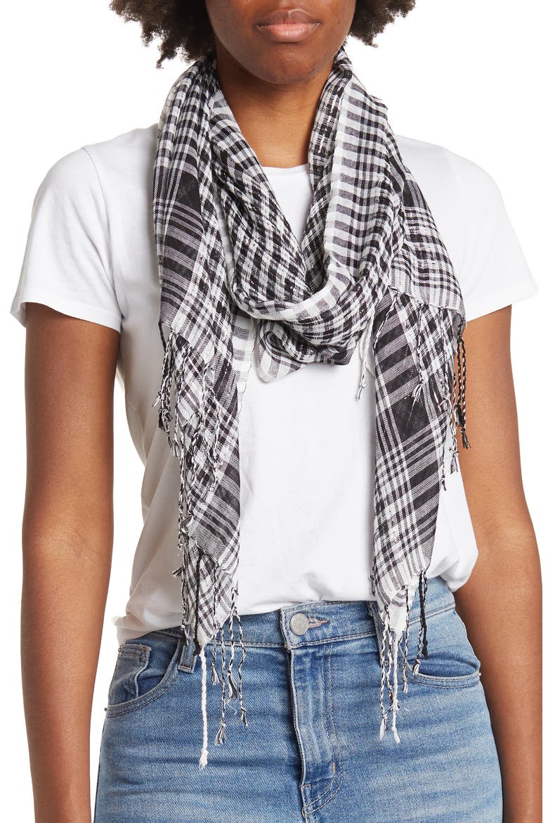 Checkered Twished Fringe Scarf, Main, color, BLACK