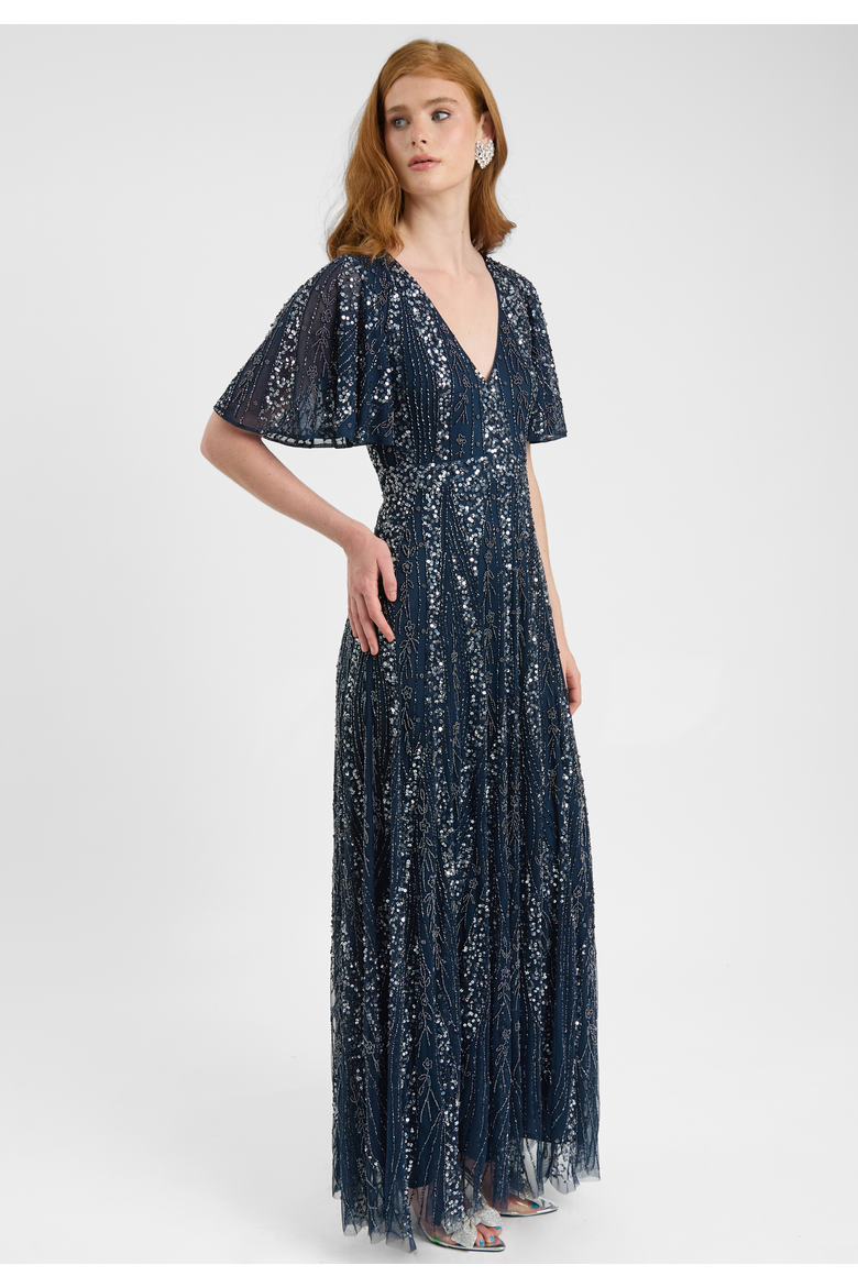 Embellished Sequin Beaded Maxi Dress With Flutter Sleeve, Alternate, color, NAVY